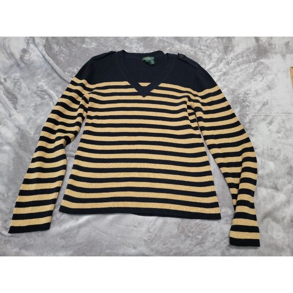 Lauren Ralph Lauren Sweaters - LRL Ralph Lauren Navy Gold Metallic V Neck Striped Pullover Sweater Top sz Large